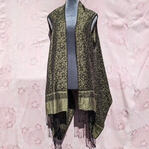 Pashmina Style Fringe Vest OS Green Sleeveless Paisley Draped Open Front Fairy